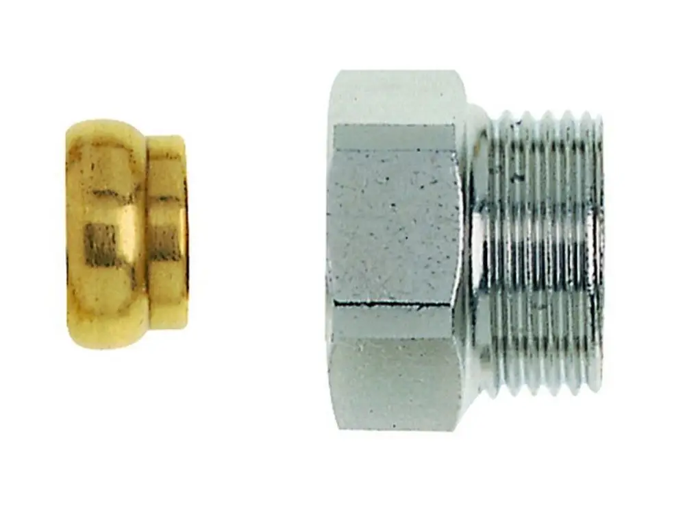Zwei Verbindungselemente von IMI Hydronic Engineering, eines in Messing und eines in verchromtem Metall, zum Anschluss in der Sanitärinstallation.